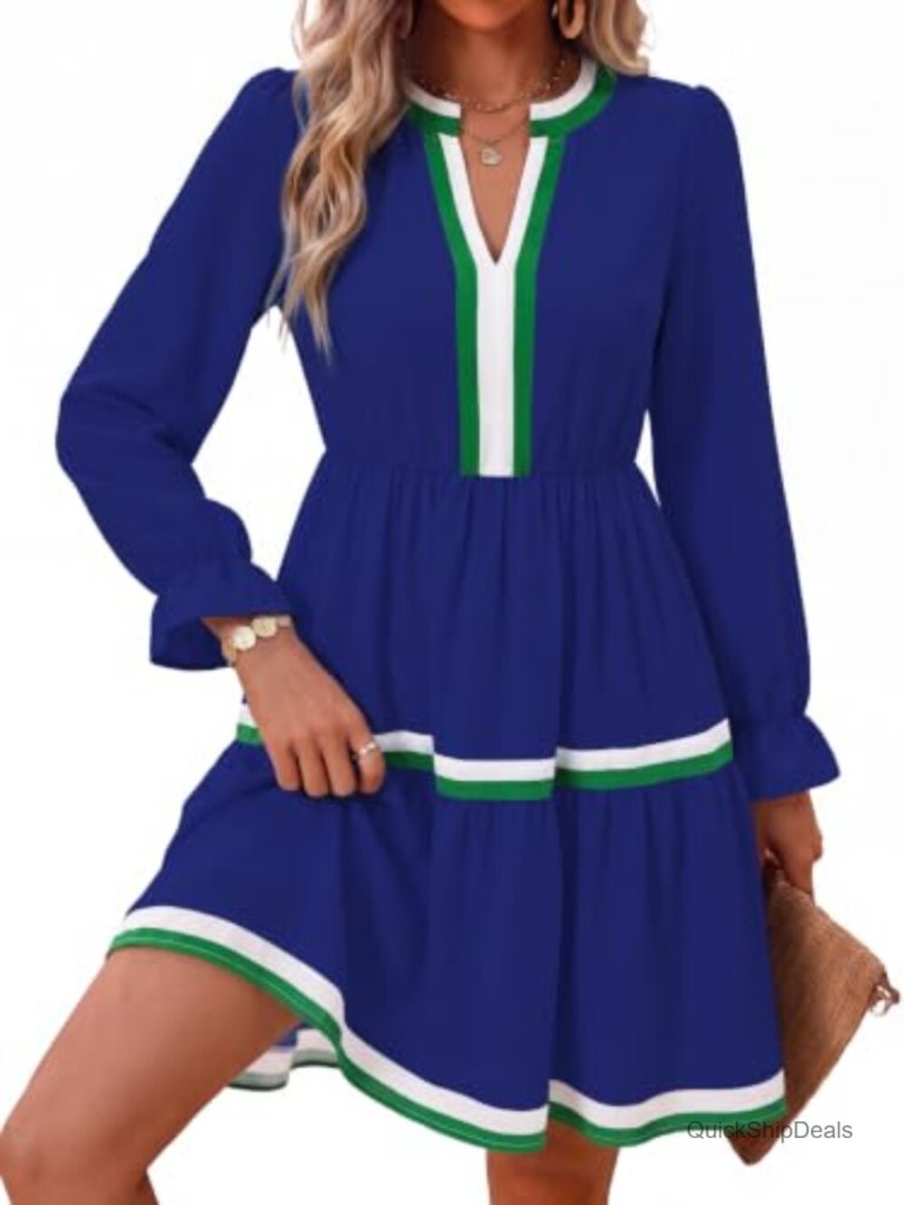 Women's Long Sleeve Mini Dress V-Neck Puff Sleeve Smocked Casual